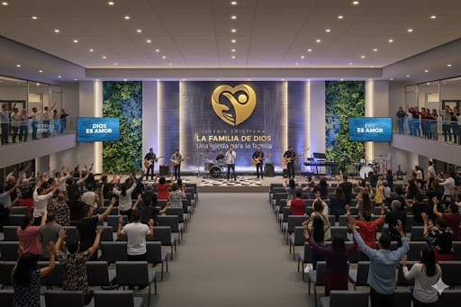Render interior del templo con la congregación